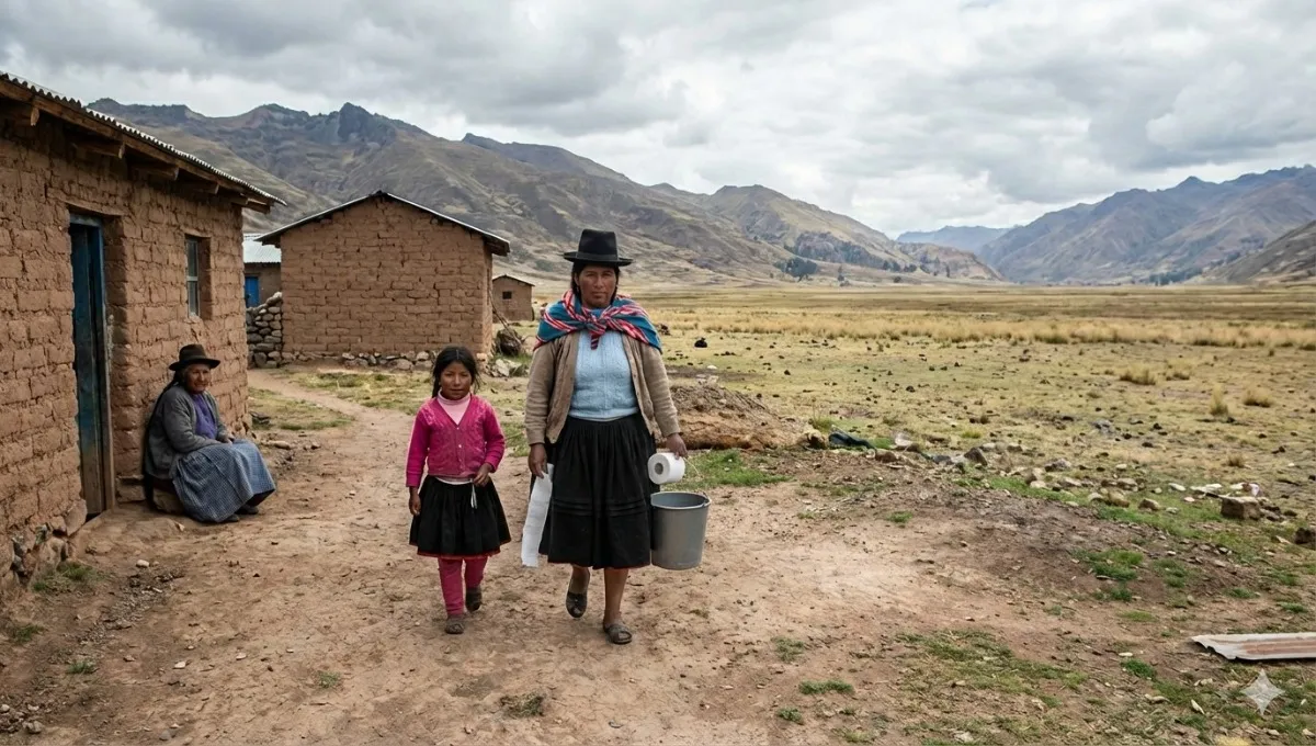 Mujer rural peruana camina hacia letrina comunitaria al amanecer, reflejando falta de saneamiento rural.
